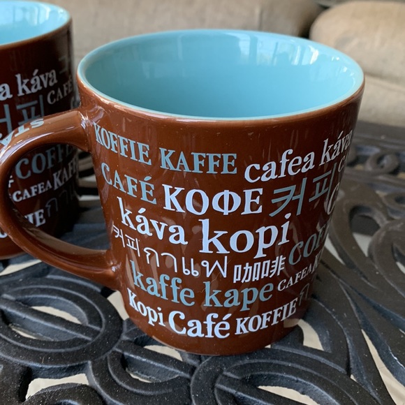 Set of Two brand NEW Starbucks mugs, brown with multiple language “coffee” motif - Picture 2 of 8